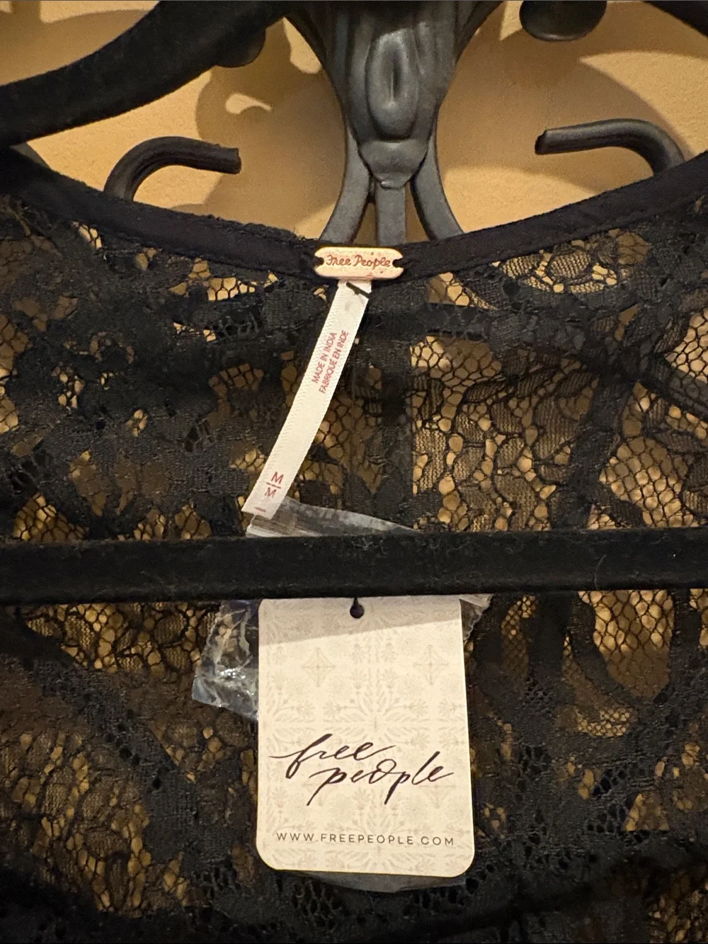 Free People Paloma Black Lace Ruched Top with attached cami New with tag